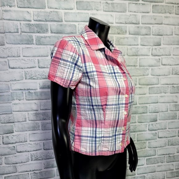 Vintage Y2K Esprit JRS M Pink Plaid Cotton S/S Button Front Shirt Preppy - Picture 5 of 8